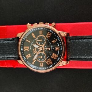 Rose Gold and Black Leather Watch